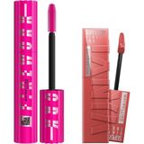 Vionna Maybelline New York Lash Sensational Firework Maskara & Super Stay Vinyl Ink Uzun Süre Kalıcı Likit Parlak Ruj 15 Peachy Makyaj Seti - 001 Brown