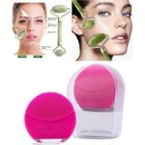 Vionna Mobee Şarj Edilebilir Fuşya Yüz Temizleme Cihazı + Jade Roller 2'li Yeşim Taşı Masaj Aleti - Ahşap