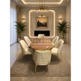 Viora Gold Serisi 6 Kişilik Krem Kumaş 90*168 Ceviz Lake Panel Yemek Masası Takımı – Luxury Concept