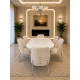 Viora Krom Serisi 6 Kişilik Krem Kumaş 90*168 Beyaz Lake Panel Yemek Masası Takımı – Luxury Concept