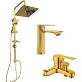 Viosa Kare Model Gold Yağmurlama Tepe Duş Seti Banyo Lavabo Bataryası 3'Lü Set