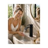 Viosa Mat Siyah Lavabo Bataryası – Şelale Akışlı Modern Banyo Musluğu | Tek Kollu Sabit Lavabo