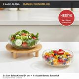 ViraCasa 2'li Cam Salata Kasesi 24 cm + Hediye Ayaklı Bambu Sunumluk Servis Seti