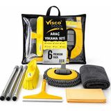 Viscomop Araç Yıkama Seti - Oto Temizlik Kiti - 6'lı Premium Araba Bakım Paketi - Mop Fırça Cam Çek Kurulama Bezi Cam Bezi 3 Parçalı Sap - Iç Dış Detaylı Temizlik - Çok Renkli