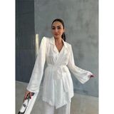 Viskon Jakarlı Bağlamalı Gömlek - Pantolon Takım - Beyaz