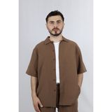 Viskon Karışımlı Dökümlü Relaxed Fit Kısa Kollu Erkek Gömlek | Ventov Kahverengi - L - 00-Kahverengi