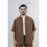 Viskon Karışımlı Dökümlü Relaxed Fit Kısa Kollu Erkek Gömlek | Ventov Kahverengi - S - 00-Kahverengi