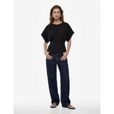 Viskon Kumaş Slim Fit Bisiklet Yaka Kısa Kollu Belden Oturtmalı Pileli Bluz