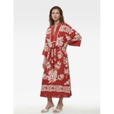 Viskon Kumaş Uzun Kollu Yırtmaçlı Mandarin Yaka Etnik Desenli Nakışlı Uzun Kimono Elbise