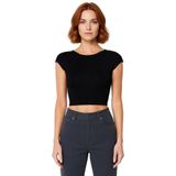 Viskon Ribana Kadın Crop Bluz Ay Kol Bisiklet Yaka Fitted Günlük Özenle Seçilmiş Seçkin Malzeme_Siyah-2XS