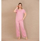 Viskon Şık Tasarım Dantel İşlemeli Pembe Kısa Kol Pijama Takımı