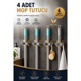 Visluna ( 4 Adet ) Mop Tutucu Fırça Sapı Tutucu Pratik Banyo Fayans Yapışkanlı Duvar Askı Aparatı Sihirli Tutacak - Beyaz - Gri