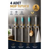 VİSLUNA ( 4 Adet ) Mop Tutucu Fırça Sapı Tutucu Pratik Banyo Fayans Yapışkanlı Duvar Askı Aparatı Sihirli Tutacak