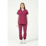 Vişne Likralı Scrubs Jogger Paça Doktor Hemşire Forması Yarasa Kol Takım Unisex