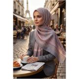 Vissona %100 Saf İpek Şal İnce Saten Vual Dokuma Bant Desenli Pudra Renkli 90x210 Şal