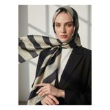 Vissona %100 Saf İpek Şal İnce Saten Vual Dokuma Çizgili Desenli Vizon - Siyah Renkli 90x210 Şal
