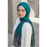 Vissona %100 Saf İpek Şal İnce Saten Vual Dokuma Etnik Desenli Petrol Yeşili Renkli 90x210 Şal