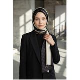 Vissona %100 Saf İpek Şal İnce Saten Vual Dokuma Geometrik Desenli Beyaz - Siyah Renkli 90x210 Şal