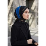 Vissona %100 Saf İpek Şal İnce Saten Vual Dokuma Geometrik Desenli Saks - Siyah Renkli 90x210 Şal