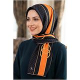 Vissona %100 Saf İpek Şal İnce Saten Vual Dokuma Geometrik Desenli Turuncu - Siyah Renkli 90x210 Şal