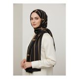 Vissona %100 Saf İpek Şal İnce Saten Vual Dokuma Kemer Desenli Siyah - Gold Renkli 90x210 Şal