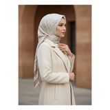 Vissona %100 Saf İpek Şal İnce Saten Vual Dokuma Monogram Desenli Bej - Krem Renkli 90x210 Şal