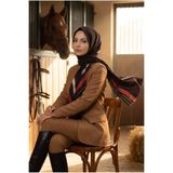 Vissona %100 Saf İpek Şal İnce Saten Vual Dokuma Monogram Desenli Siyah - Kırmızı Renkli 90x210 Şal