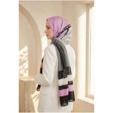 Vissona %100 Saf İpek Şal İnce Saten Vual Dokuma Patchwork Desenli Siyah - Pembe Renkli 90x210 Şal
