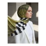 Vissona %100 Saf İpek Şal İnce Saten Vual Dokuma Şerit Desenli Haki - Siyah Renkli 90x210 Şal