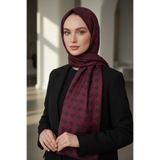Vissona %100 Saf İpek Şal İnce Saten Vual Dokuma V Logo Desenli Bordo 2 Renkli 90x210 Şal