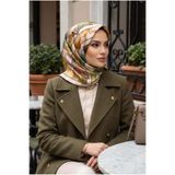 Vissona %100 Twill İpek Bahar Çiçekleri Desenli Haki Yeşil - Vizon Renkli 90x90 Eşarp Kenar Dikiş Şekli El D