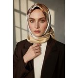 Vissona %100 Twill İpek Büyük Çiçek Desenli Sütlü Kahve - Vizon Renkli 90x90 Eşarp Dikim Şekli : El Dikişi