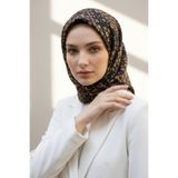 Vissona %100 Twill İpek Çıtır Çiçek Desenli Siyah - Gold Renkli 90x90 Eşarp Dikim Şekli : El Dikişi
