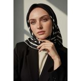 Vissona %100 Twill İpek Çizgili Desenli Siyah - Krem Renkli 90x90 Eşarp Dikim Şekli : El Dikişi