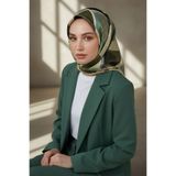Vissona %100 Twill İpek Geometri Desenli Küf Yeşili - Krem Renkli 90x90 Eşarp Kenar Dikiş Şekli El Dikişli