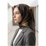Vissona %100 Twill İpek Geometrik Desenli Bej - Gri Renkli 90x90 Eşarp Dikim Şekli : El Dikişi