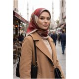 Vissona %100 Twill İpek Geometrik Desenli Bej - Kırmızı Renkli 90x90 Eşarp Dikim Şekli : El Dikişi
