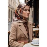 Vissona %100 Twill İpek Geometrik Desenli Bej - Taba Renkli 90x90 Eşarp Dikim Şekli : El Dikişi