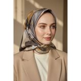 Vissona %100 Twill İpek Geometrik Desenli Gri - Bej Kabuğu Renkli 90x90 Eşarp Dikim Şekli : El Dikişi