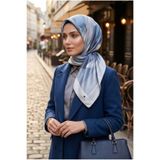 Vissona %100 Twill İpek Geometrik Desenli İndigo - Gri Renkli 90x90 Eşarp Dikim Şekli : El Dikişi