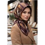 Vissona %100 Twill İpek Geometrik Fırça İzi Desenli Kahverengi - Bej Renkli 90x90 Eşarp Dikim Şekli : El Dik