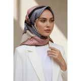 Vissona %100 Twill İpek Puantiyeli ve Geometrik Desenli Pudra - Gri Renkli 90x90 Eşarp Dikim Şekli : El Diki