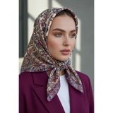 Vissona %100 Twill İpek Şal Desenli Krem - Mürdüm Renkli 90x90 Eşarp Dikim Şekli : El Dikişi