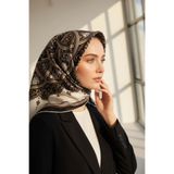 Vissona %100 Twill İpek Şal Desenli Siyah - Krem Renkli 90x90 Eşarp Dikim Şekli : El Dikişi
