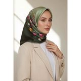 Vissona %100 Twill İpek Sonsuz Çiçek Desenli Haki Renkli 90x90 Eşarp Dikim Şekli : El Dikişi