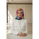 Vissona %100 Twill Renk Bloklu Çizgili Desenli Mor - Turuncu Renkli 90x90 Eşarp Dikim Şekli: El Dikişii