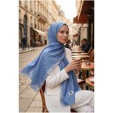 Vissona %57 İpek %43 Pamuk Momogram Dokumalı İndigo Renkli 70X190 Yumuşak Dökümlü Şal