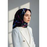 Vissona %57 İPEK %43 VİSKON Twill İpek Çizgili Desenli Saks - Fuşya Renkli 90x90 Eşarp Dikim Şekli : El Diki
