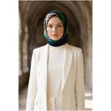 Vissona % 57 İPEK % 43 VİSKON Twill İpek Ekose Desenli Zümrüt Yeşili - Lacivert Renkli 90x90 Eşarp Dikim Şek