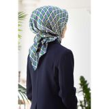 Vissona % 57 İPEK % 43 VİSKON Twill İpek Geometrik Desenli Saks - Zümrüt Yeşili Renkli 90x90 Eşarp Dikim Şek